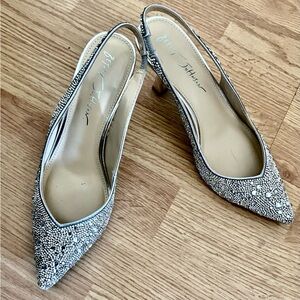 Betsey Johnson Clark Rhinestone Silver Embellished Heels. Sz 6. Slingback $119.